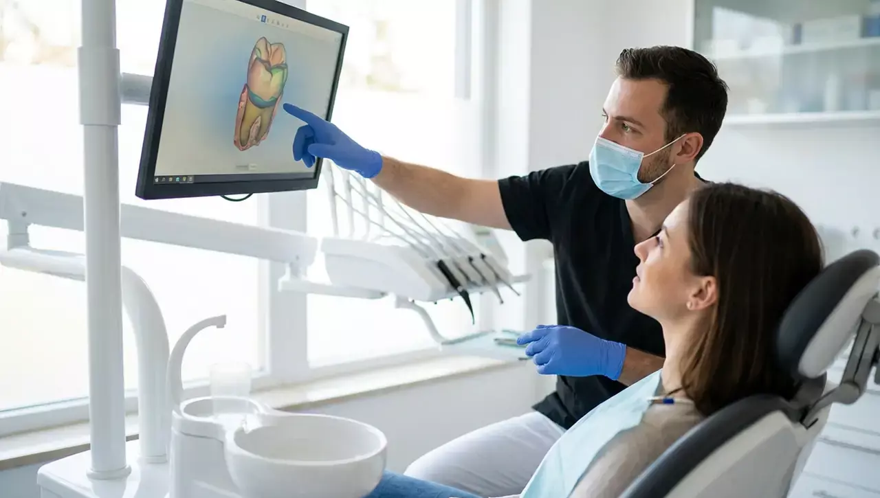 CEREC Kosten in München - Zahnarzt zeigt Patientin einen digitalen 3D-Zahnscan, Dr. Sinseder & Kollegen